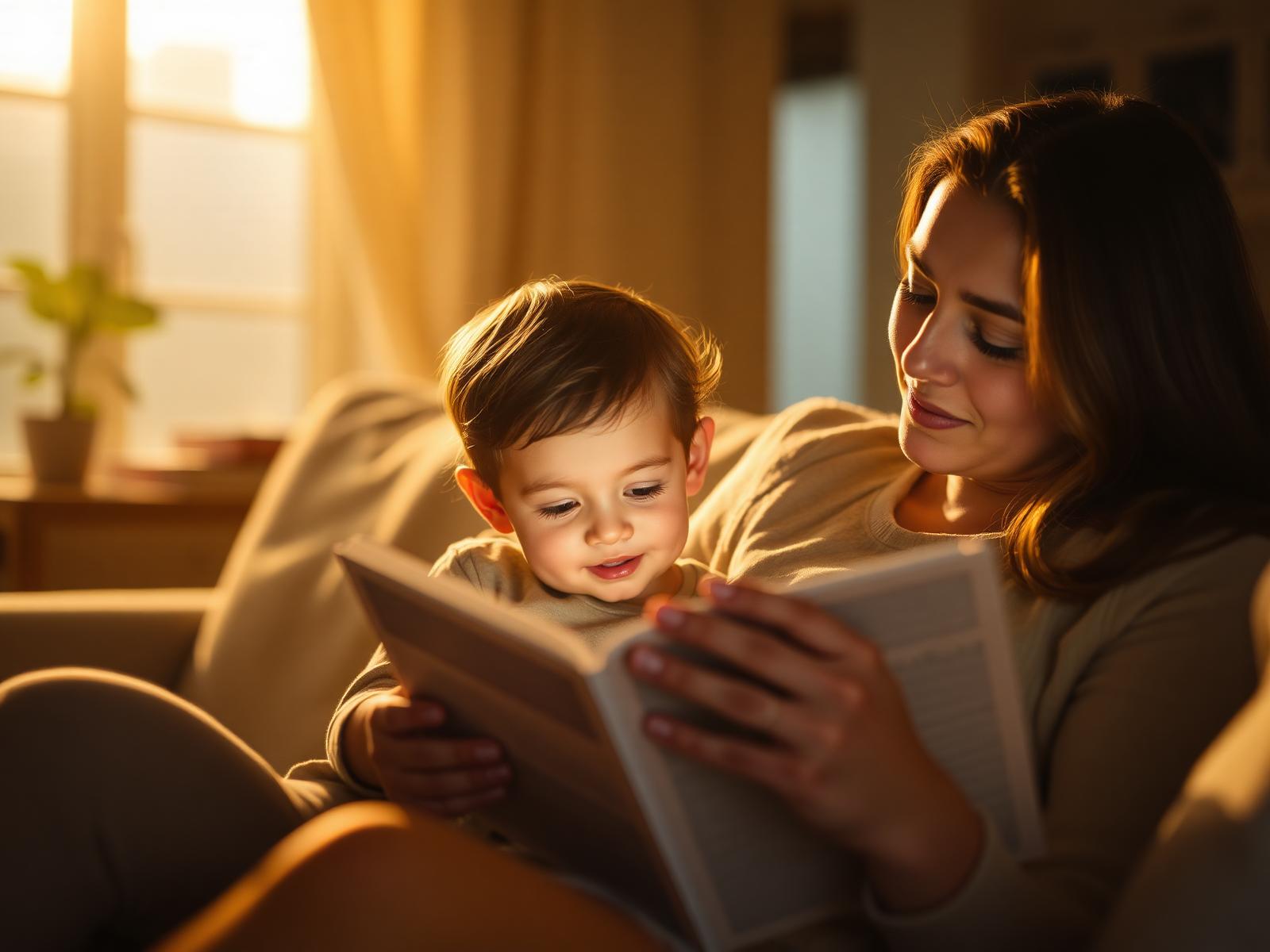 Mãe lendo devocional com o filho no colo